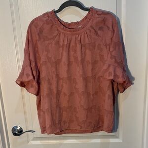 Loft Women's Floral Textured Top - Pink Jacquard Size L Ruffle Sleeves